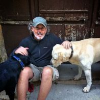 Sean with Margaux and Yellow Lab